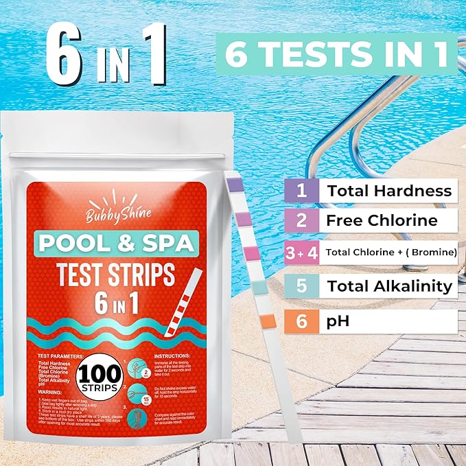 BubbyShine Hot Tub Scum Absorber 2 Pack + 100 Pack 6in1 Test Strips