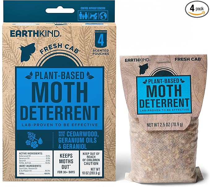 EarthKind Fresh Cab Moth Deterrent - Moth Deterrent for Closet, Pantry & More - DIY Pest Control Pouches for Moths - Cedarwood Oil & Geranium Oil - New Packaging - 4-Pack