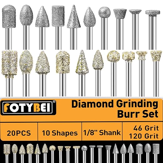 46-Grit and 120-Grit Diamond Grinding Burr Bits Set 1/8" Shank Compatible with Dremel Rotary Tool, 20Pcs Attachment Accessories Carving Burrs for Polishing, Grinding, Carving on Glass, Ceramic, Stone