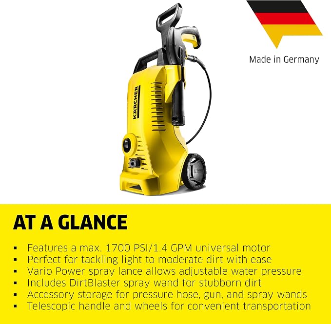 Kärcher 1700 PSI K 2 Electric Pressure Washer Bundle with 26' Hose, 2 Spray Wands, Vehicle Detergent and Wax - 1 Gallon