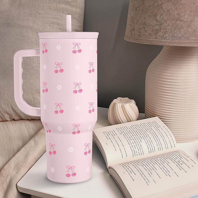 Cherry 40oz Slider Tumbler with Handle and Straw - Insulated Stainless Steel Travel Coffee Mug for Women Girls, Gift for Birthday Christmas