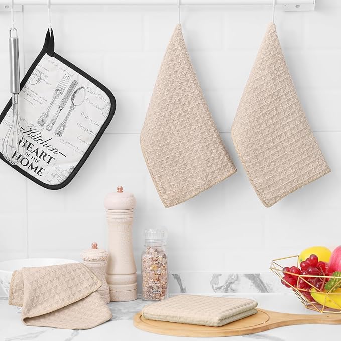 Homaxy Microfiber Waffle Weave Kitchen Dish Cloths, 12 x 12 Inch Ultra Absorbent and Solid Color Dish Towels for Kitchen Fast Drying Dishcloth for Washing Dishes, 12 Pack, Beige