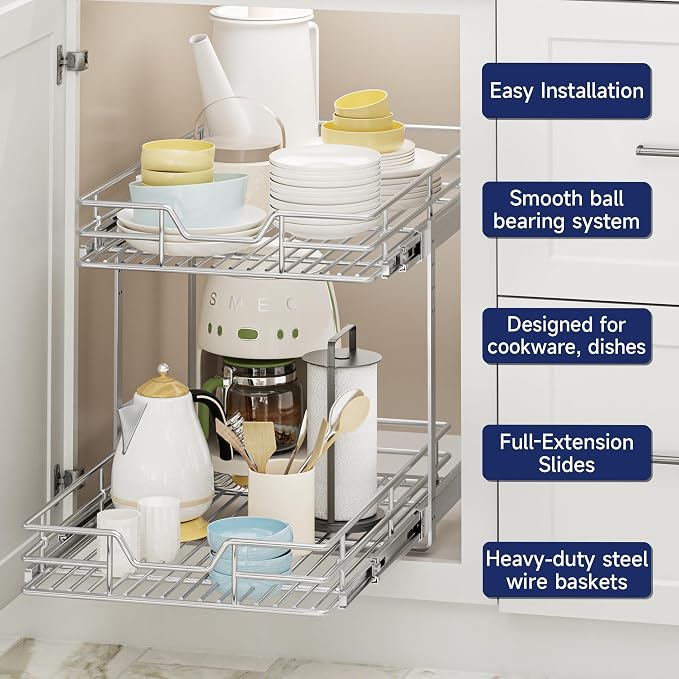 2-Tier Pull Out Cabinet Organizer, 14.5" W x 21.5" D, Heavy Duty Dual Slide Out Shelves for Base Cabinets, Chrome Wire Basket Drawer for Pantry, Kitchen & Bathroom Storage