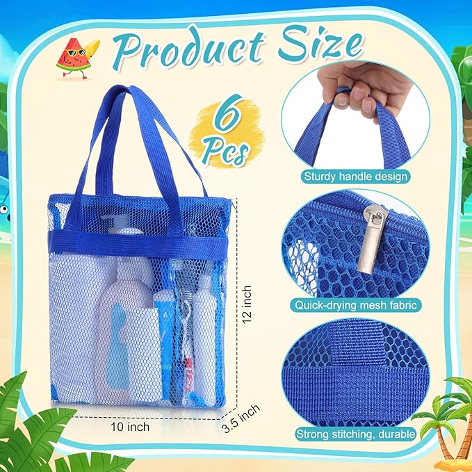 6 Pcs Mesh Shower Caddy Bags Portable Mesh Beach Bags Bulk with Zipper & 2 Pockets Hanging Toiletry and Bath Organizer for Gym Swimming Travel Camping College Dorms Beach (Classic Color)