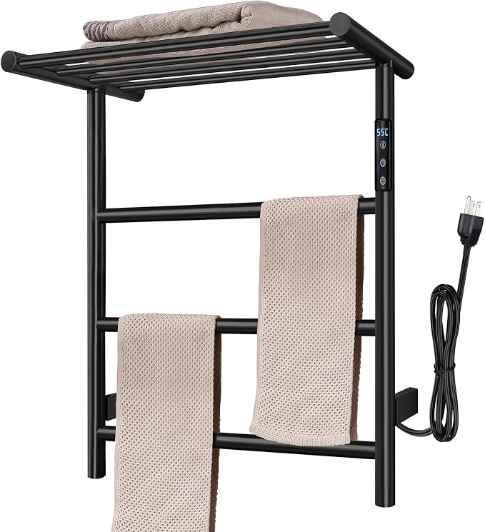 Towel Warmer Wall Mounted with 3 Electric Stainless Steel Heated Bars, Hot Towel Rack for Bathroom, Plug-in BathTowel Heater with Built-in Timer, Matte Black