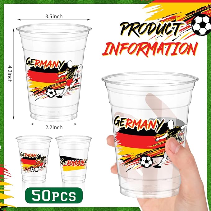 Jingmore 50 Pcs Soccer Plastic Cups 12 oz International Countries Soccer Disposable Plastic Cups Thick Clear Drinkware for Sports Games Party Supplies (Germany)