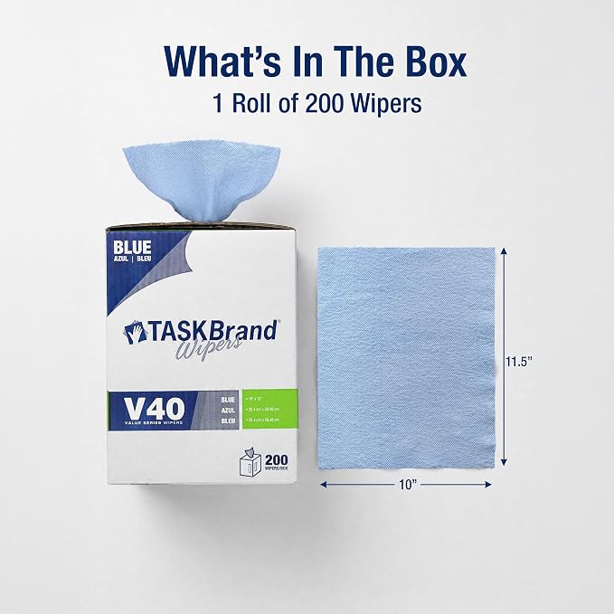 TaskBrand N-V040CGB Blue V40 Value Series Center Pull Wiper Sheets, All-Purpose Disposable Cleaning Towels, 10 x 11.5 Inches, Roll of 200