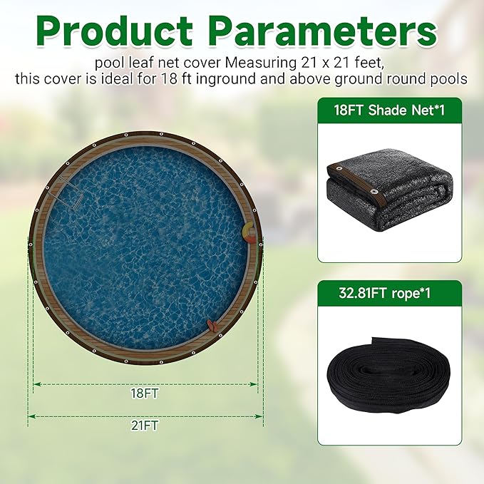 Pool Leaf Net Cover18 ft Round, Fine Mesh Leaf Net for Above Ground Pool, Winter Pool Cover18ft Round Above Ground, Cover Size: 18-Feet Dia (Includes 3-feet Overlap) (Black -Round, 18FT)