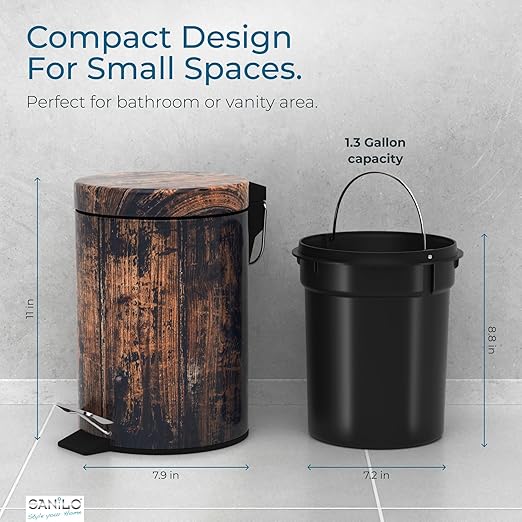 Sanilo Small Bathroom Trash Can with Lid [1.3 Gallon] - Lidded Tiny Trashcan for Garbage - Mini Metal Bin with Soft Closing Mechanism - Bath Room Accessoire Wastebin with Inner Bucket (Vintage)
