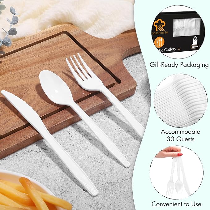 Kochorie 90 Pieces White Plastic Cutlery Set Disposable Plastic Utensils Heavy Duty Flatware Set Includes 30 Knives 30 Forks 30 Spoons for Wedding Birthday Baby Shower Party Supplies