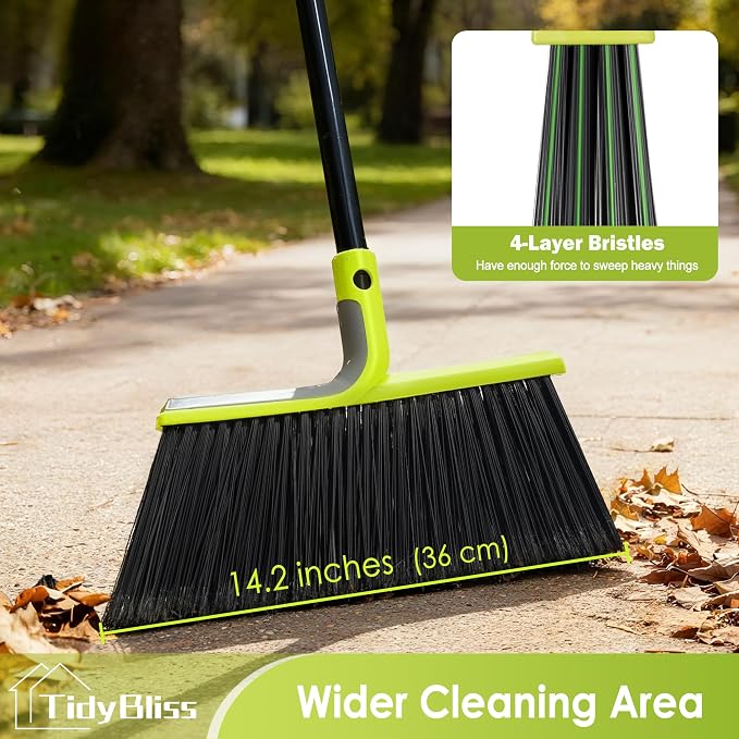 TidyBliss 2 Pack Outdoor Broom Heavy Duty, 56 inches Tall Commercial Soft Bristle Angle Brush for Sweeping Outside Patio Garden Porch Deck Shop Restaurant Garage House Lobby Hardwood Floors (Green)