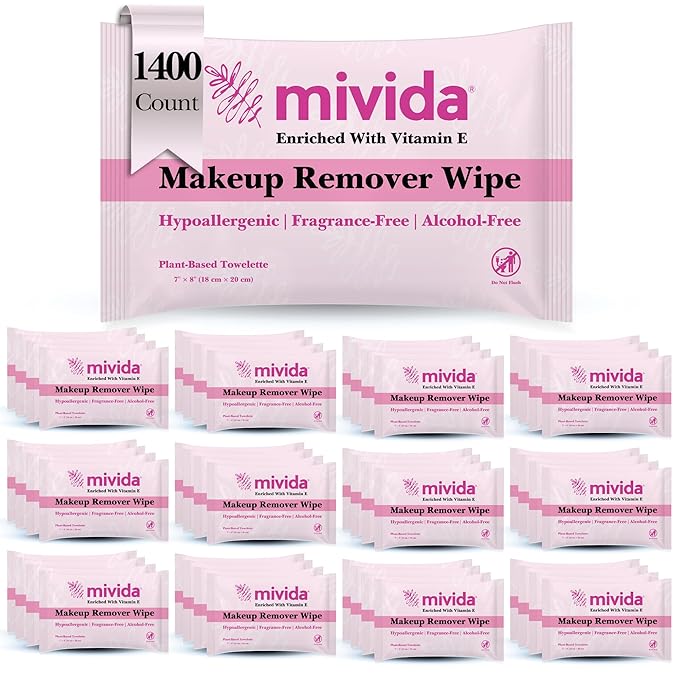 mivida 1400 Count Hypoallergenic Bulk Makeup Wipes Individually Wrapped with Vitamin E, Dermatologist Tested Plant-Based, Alcohol Free, Fragrance Free face Wipes Bulk Hotel, Airbnb, Vacation Rental