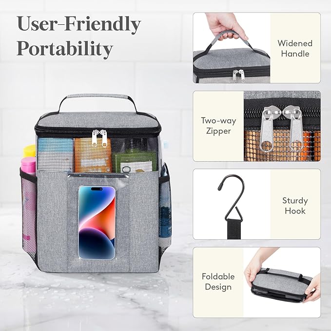 Lifewit 2 Packs Mesh Shower Caddy Bag Portable, Quick Dry Hanging Bathroom Organizer with PVC Phone Bag, College Dorm Room Essentials for Travel, Gym, Camping, Large, Black & Grey