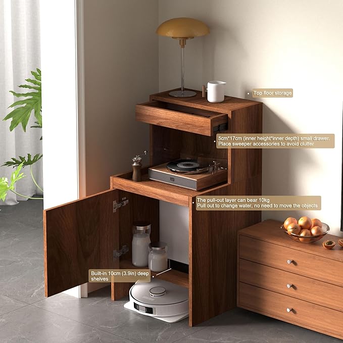Robot Vacuum Stand Cabinet,Storage Cabinet with Doors and Drawers for Robot Vacuum Cleaner,Wood Bathroom Cabinet,Side Table for Living Room, Home Office(Dark Brown,H65cm/25.6in)