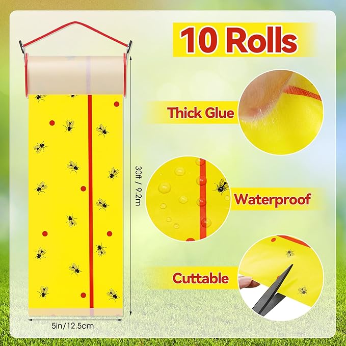 10 Rolls Fly Strips Tape 30 ft Each Fly Paper Traps Indoor Outdoor Sticky Hanging Spotted Lanternfly Tree Tape for Fruitfly Plant Barn Stable(Fluorescent Yellow)