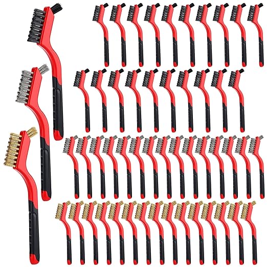 Reallnaive 50 Pcs Wire Brushes for Cleaning Rust 7 Inch Brass/Stainless Steel/Nylon Wire Brushes with Curved Handle Grip for Deep Cleaning Small Parts Rust Dirt Paint Scrubbing
