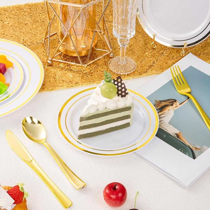 BESTSTAR 7 Inch White with Gold Rim Plastic Plates,100PCS Disposable Dessert/Appetizer/Small Cake Plates,Heavy Duty Plate Ideal for Wedding and Birthday
