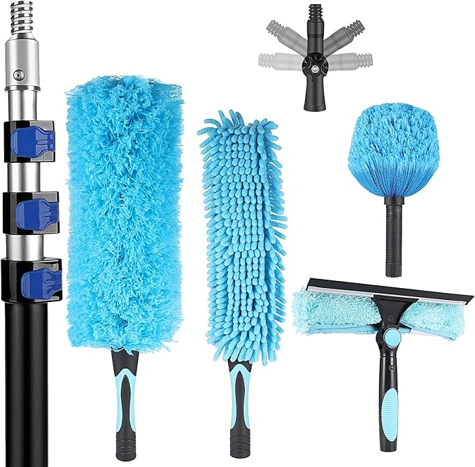 20 Foot High Reach Ceiling Duster Kit 3.6-12ft Extendable Pole with Cobweb Duster,Ceiling Fan Duster,Window Squeegee and Scrubber, Microfiber Feather for Easy Cleaning Indoor & Outdoor