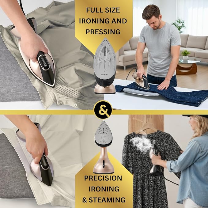 True & Tidy DuoPress XL 2-in-1 Clothes Steamer & Iron, 1600W Powerful Turbo Steam, Large Ceramic Plate, Smart Temperature Control, 3 Steam Modes