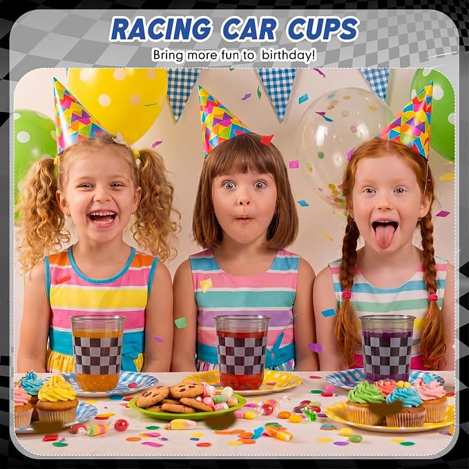 Ziliny 50 Pcs 16oz Black Checkered Cups Racing Party Round Bottom Plastic Cups Party Decorations, Disposable Clear White Black Checkered Flag Cup for Racing Themed Birthday Drink Supplies Decorations