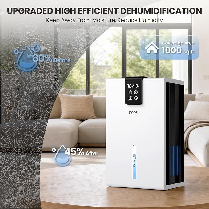 Dehumidifier, Dehumidifiers for Home, 98 OZ Water Tank, (1000 sq.ft) Quiet Dehumidifier for Basement Bathroom Bedroom with Humidity Display, Auto Shut Off, Relaxing 7 Color Light(White)
