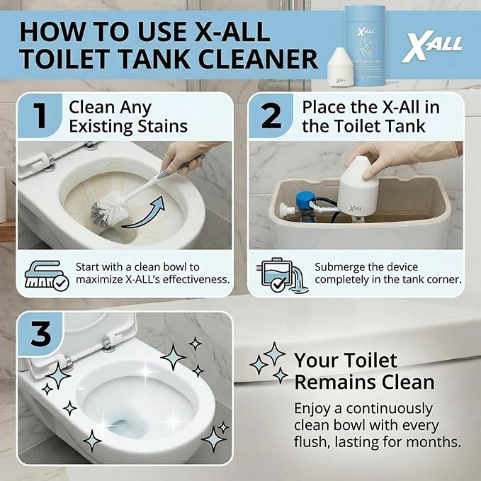 X-ALL White Toilet Tank Cleaner System – Continuous Cleaning Toilet Tank Device with Long-Lasting Mineral Core Technology, Helps Reduce Stains & Buildup, Septic Safe, 250g