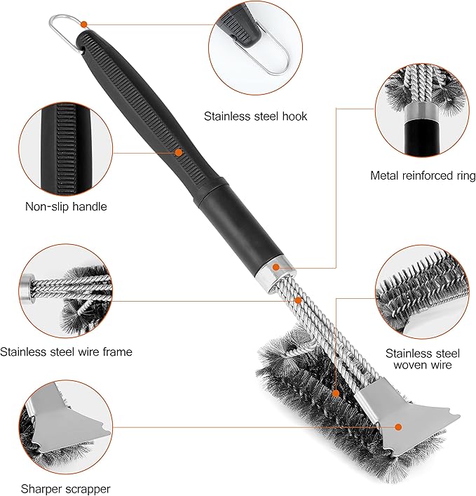 Simple Deluxe 2-Pack Grill Brush and Scraper, Safe BBQ Bristles Grill Cleaner Brush, 18" Stainless Steel Woven Wire with Exchangeable Handle for All Grates, Gifts for Men Dad