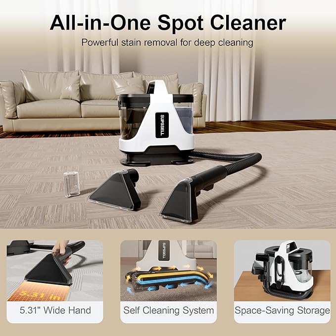 Carpet & Upholstery Cleaner Machine: Portable 16Kpa Suction, Self-Cleaning Pet Stain Remover: Spot Cleaner for Car Rug Sofa Stairs, Dual Tank, Spray Scrub System, Deep Cleaning for Rugs