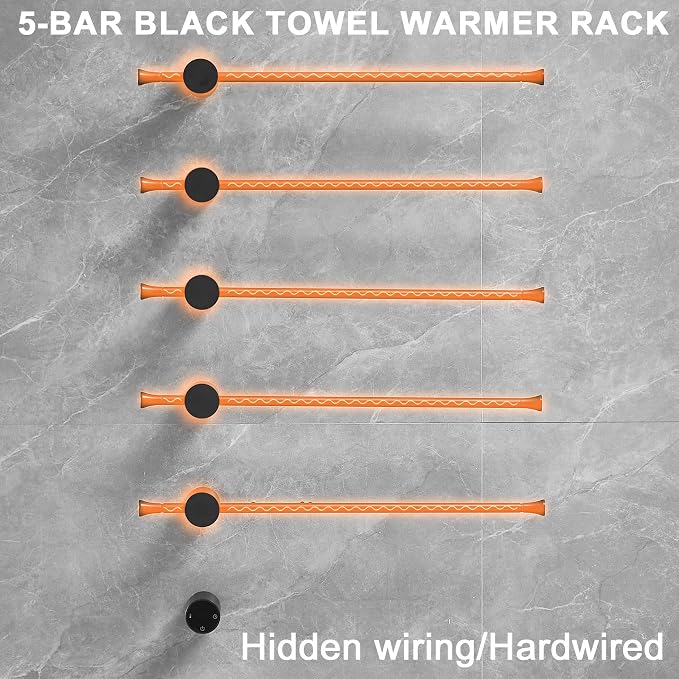 Towel Warmer Rack, Black 5-Bar Aluminum Alloy, Heated Towel Bar for Bathroom, Hidden wiring/Support Hardwired Heated Towel Rail, With Timer and Temperature Adjustment, Overheat Protection Function