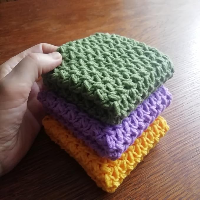 Cotton Dish Rags Pack Crochet Reusable Dish Cloth Yellow Green Lilac Widely Use Granny Square Set 3 Knitted Absorbent Flap
