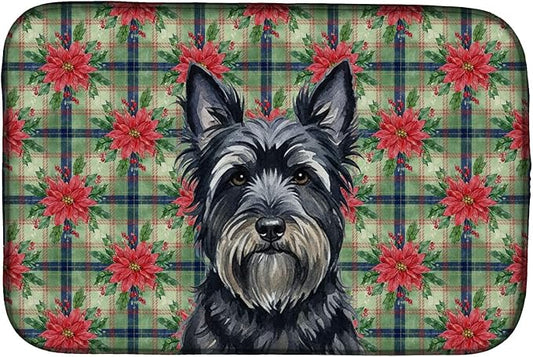 Caroline's Treasures Black Skye Terrier Christmas PoinsettIas Dish Drying Mat Absorbent Dish Drying Mat Pad for Kitchen Counter Dish Drainer Mat for Countertop, 14 x 21", Multicolor