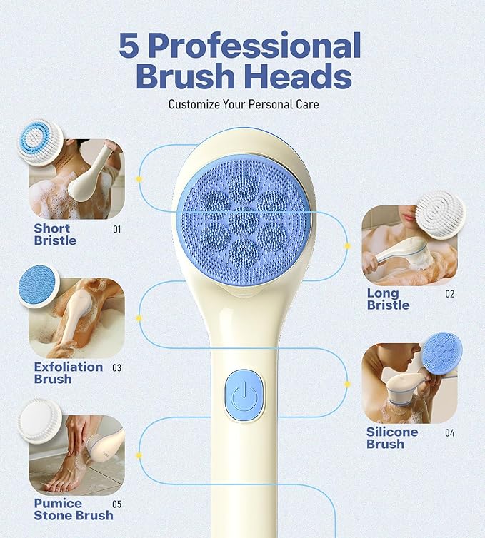 POPCHOSE Electric Body Brush for Shower with Long Handle, Waterproof | Rechargeable back scrubber with 5 interchangeable heads and 2 speeds for deep cleansing, exfoliating and massage.
