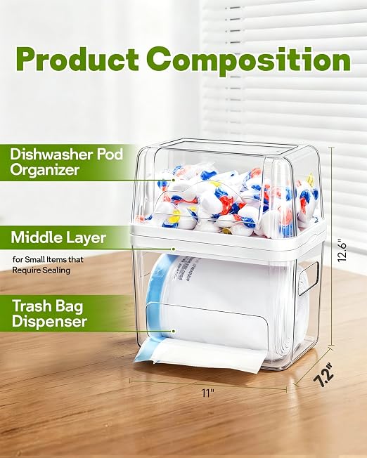 Kaen 3-in-1 Trash Bag and Laundry Pods Dispenser Dishwasher Pod Container | Clear Storage Bins with Lids for 13/30/33 Gallon Bags Under Sink Organizer for Laundry Room Organization