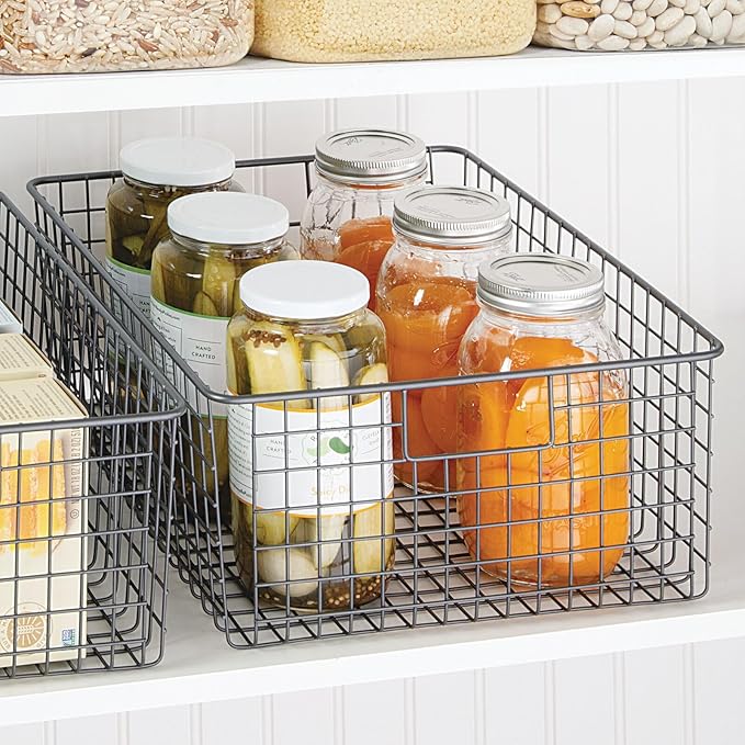 mDesign Metal Wire Food Storage Basket Organizer with Handles for Organizing Kitchen Cabinets, Pantry Shelf, Bathroom, Laundry Room, Closets, Garage - Concerto Collection - 2 Pack - Graphite Gray
