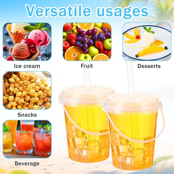 50 Sets Clear Plastic Drink Buckets with Lids Straws and Handles 34 oz Disposable Ice Cream Cups Cocktail Drinking Buckets for Outdoor Holiday Travel Beach Birthday Party Supplies