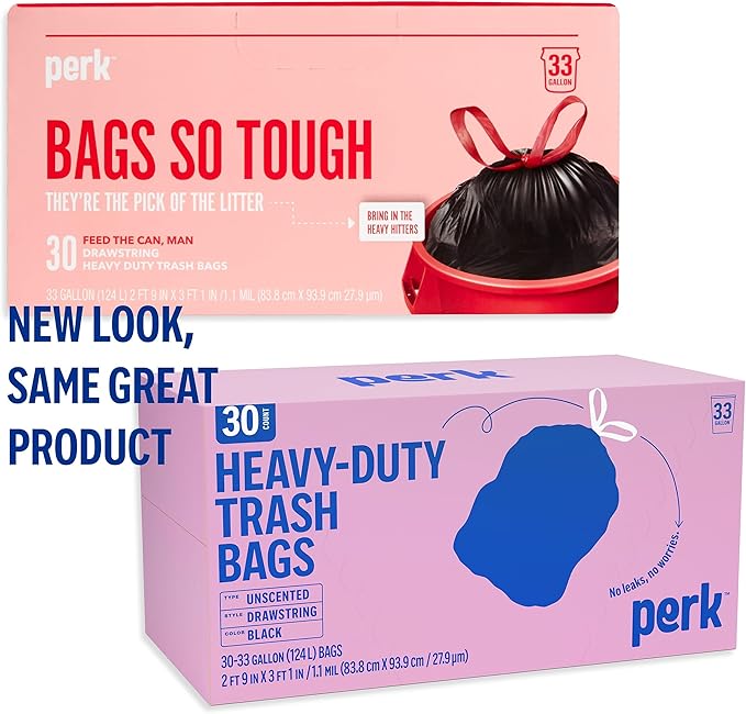 STAPLES PERK Black Kitchen Trash Bags, 33 Gallon Garbage Can Liners, Drawstring Closure, Great for Home, Office, Classroom, 30-Pack