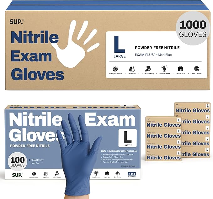 SUP Nitrile Exam Gloves, Powder-Free Latex-Free Food Safe Disposable Glove for Medical Lab Cooking Cleaning, Med Blue 1000 Ct