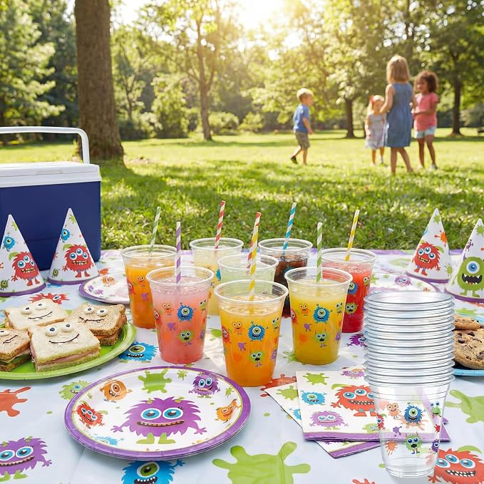 Uiifan 50 Pcs Monster Birthday Party Supplies Cute Cartoon Little Monster Party Decoration 12 oz Blue Purple Green Cups Disposable Plastic Cups for Coffee Juice Beverages Cocktail Birthday