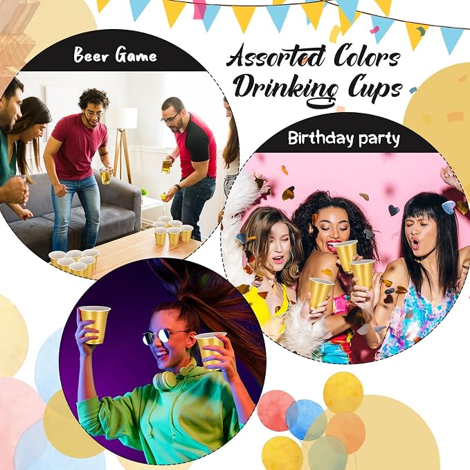 Sabary 100 Pack 12oz Plastic Cups Graduation Heavy Duty Drinking Disposable Cups with Lines for Beverage Wedding Holiday Camping Barbecues Birthday Party Outdoor Picnic(Gold)