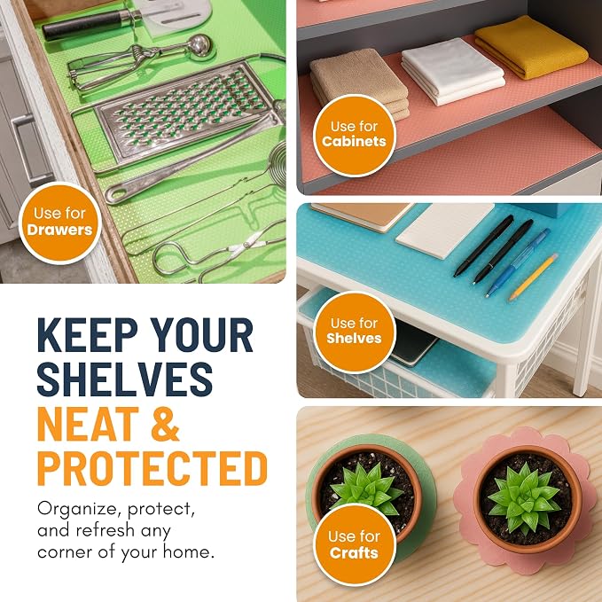 Refrigerator Liners for Shelves (16 Pack) by Linda’s Essentials - Non-Adhesive Shelf or Drawer Liner, BPA-Free Fridge Mats for Kitchen & Cabinets, Easy to Clean, Ideal Household Essentials(MultiColor)