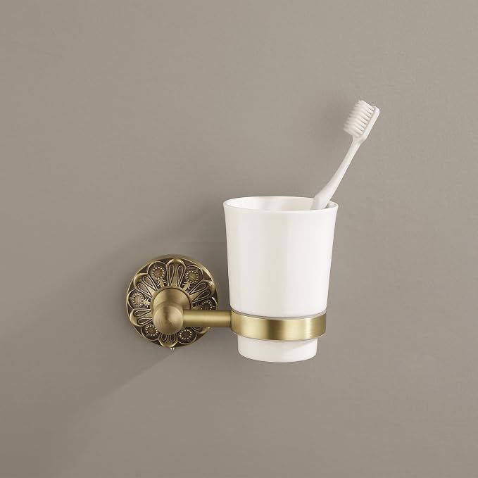 Antique Brass Toothbrush Holder, Wall Mounted Bathroom Tumbler Cup Set, Vintage Gold Decorative Bathroom Accessories, Ceramic and Brass, Petal-Relief Series