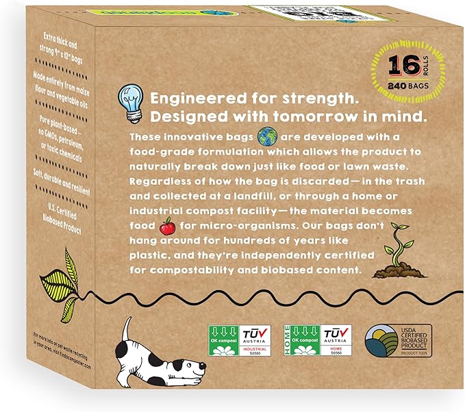 Compostable Dog Poop Bags I 240 Bags I Made in USA I Completely Biodegrades 90 Days After Use I 100% Plant Based I Eco-Friendly I Extra Strong, Leak Proof, 9”x12”, Premium Thickness