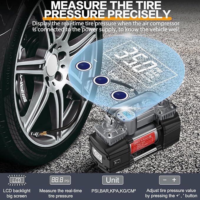 GSPSCN Heavy Duty Digital Tire Inflator 12V Portable Air Compressor Pump | 6X Faster Inflation Auto Shut-off Double Cylinders Metal Air Pump 150Psi with LED Light for Pickup,Truck,Car,Bicycles,RV,SUV