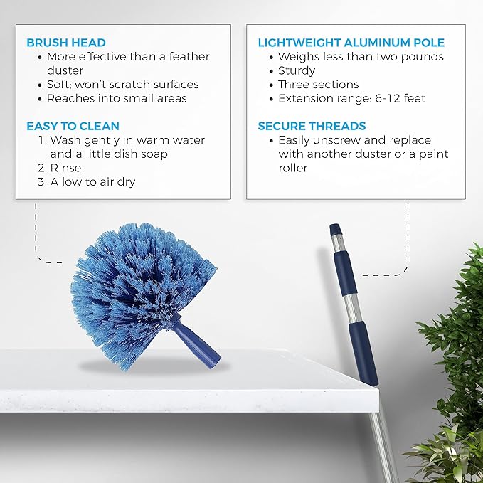 Cobweb Duster Extendable 18 Foot + Spider Web Brush with Pole
