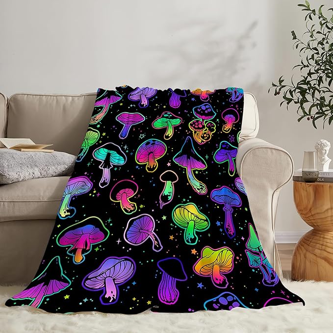 Colorful Mushroom Blanket for Girls, Women, Kids & Adults - Soft, Warm & Cozy Fleece Blanket for Couch, Sofa & Bed - 50"x40"