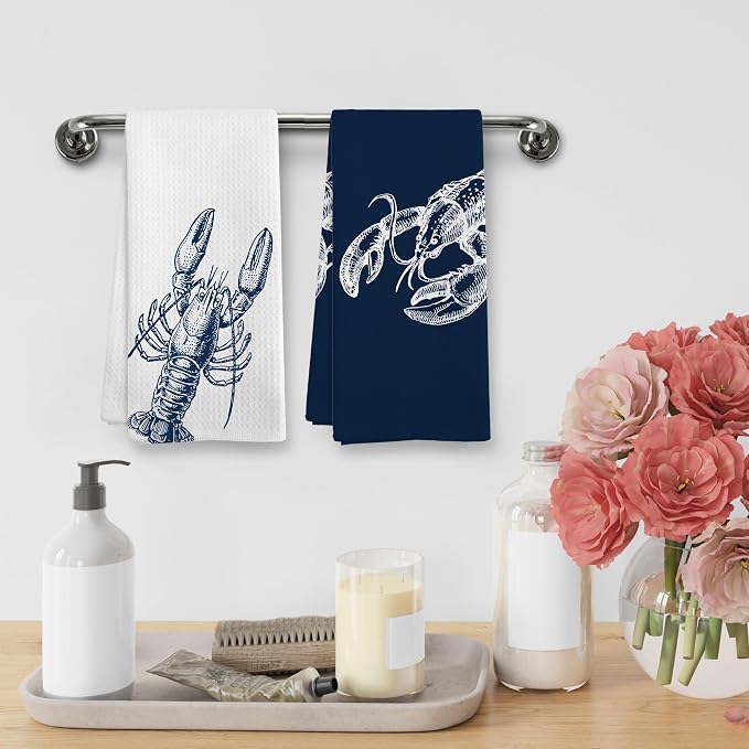 Coastal Lobster Crayfish Beach Decor Dish Hand Tea Towels for Bathroom Kitchen, Lobster Ocean Beachy East Coast Bathroom Decor Gifts, Nautical Kitchen Towels and Dishcloths Sets of 2, 16x24in