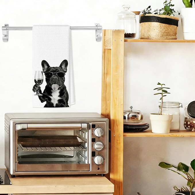 Funny French Bulldog Wine Bar Kitchen Towels, French Bulldog Gifts for Women Decorative Hand Towels for Kitchen Decor, Frenchie Mom Gifts Dish Tea Towel, 16x24 Inch