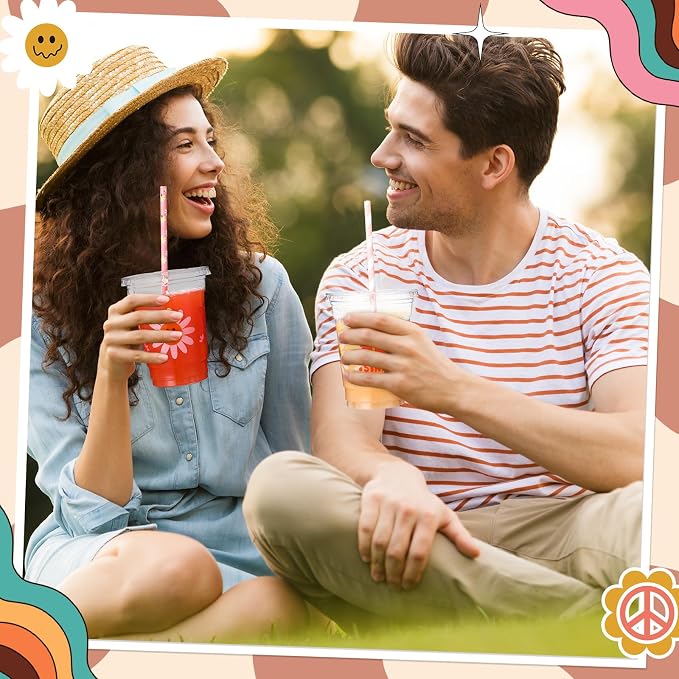 Blushtier 300 Pcs Groovy Disposable Plastic Cups with Lids and Straws 12oz Groovy Party Favors Supplies Boho Retro Hippie Clear Drinking Cups for Party