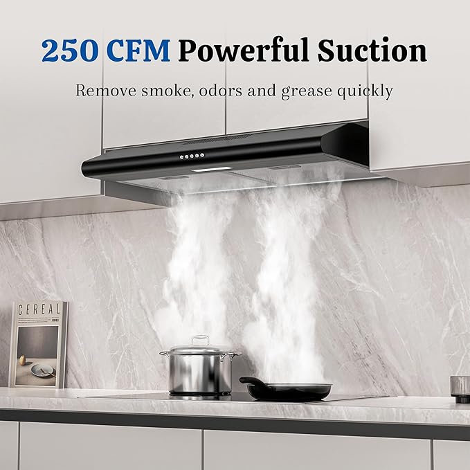 FIREGAS Under Cabinet Range Hood 30 Inch Black, Ducted/Ductless Convertible Kitchen Vent Hood with 250 CFM, 3-Speed Fan & LED Lights for Stove Ventilation