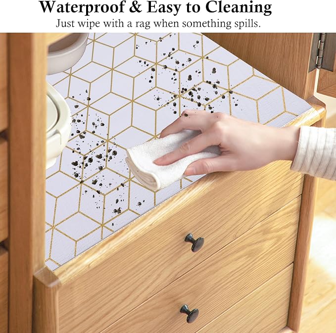 Cabinets Drawer Liner Non Slip 12 Inch Wide X 20 Ft Kitchen Shelf Liner Non Adhesive Waterproof Pantry Shelves Refrigerator Liner for Bathroom Closet Strong Grip Cupboard Mat Gold